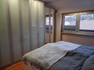 ein Schlafzimmer mit einem Bett und einem Fenster in der Unterkunft FeWo Bodo in Freisen