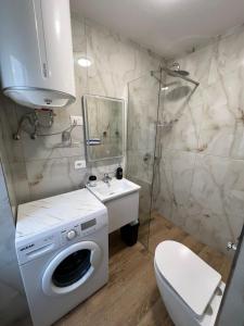 a bathroom with a washing machine and a sink at E&B Cosy Apartment 6 in Tirana