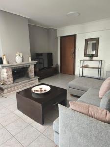 ein Wohnzimmer mit Sofa und Kamin in der Unterkunft NeliFlat in Lefkandi Chalkida