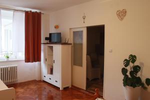 a living room with a door and a plant at Lucka in Ústí nad Labem