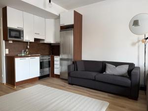 a living room with a couch and a kitchen at Tammer Huoneistot - City Suite 2 - City View & Perfect location in Tampere