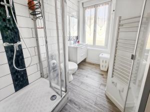 a white bathroom with a shower and a toilet at Appartement Confortable à Coulommiers avec Jardin in Coulommiers +12 photos