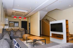 a living room with a couch and a tv at Fallsway Palms in Lusaka