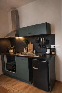 a kitchen with a sink and a stove at Studio neuf équipé, confortable et au calme in Issoire