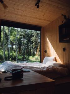 a bed in a room with a large window at Hidden Base - romantyczna leśna kryjówka in Smolarnia