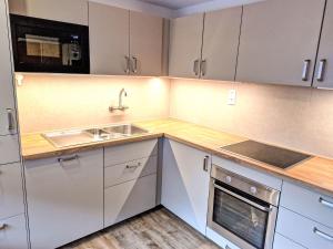 a kitchen with white cabinets and a sink at Holiday Home Ötztal by Interhome in Oetz