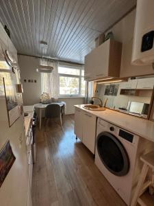 a kitchen with a washer and dryer in a room at Apartment with sauna and fireplace in Viitna +13 photos