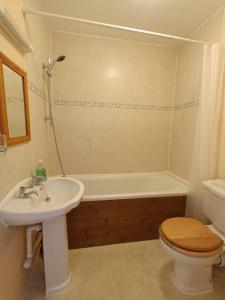 a bathroom with a sink and a toilet and a tub at Farm Stay with animal experiences, 30 minutes to Exmoor & Beaches, Pet friendly, Outdoor heated pool, Games barn, fast WiFi and parking in Barnstaple +59 photos