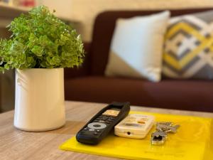 a remote control on a table next to a vase with a plant at Hannah’s Morning Sun - Studio Room in Manila