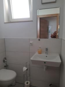 a bathroom with a sink and a toilet and a mirror at Schönes, modernes Appartement mit Balkon und Indoorpool in Oberteuringen +3 photos