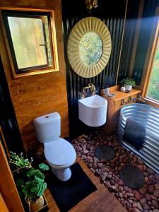 a bathroom with a toilet and a sink at Tin Town Glamping in Haenertsburg