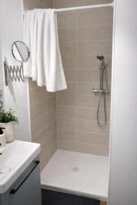 a bathroom with a shower with a toilet and a sink at Studio neuf équipé, confortable et au calme in Issoire