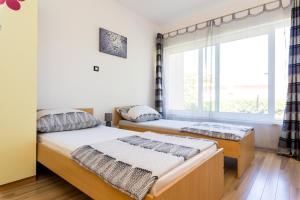 a bedroom with two beds and a large window at Apartment Vidak in Vantačići +14 photos