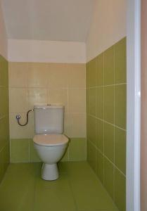 a bathroom with a toilet in a green tiled wall at Chalupa POHÁDKA Moravský kras in Vavřinec