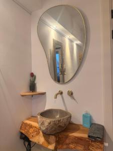 a bathroom with a stone sink and a mirror at Hart van Petten in Petten