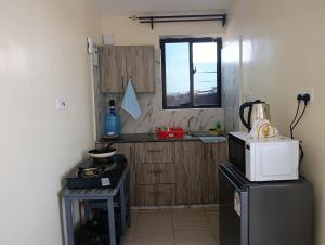 a kitchen with a microwave and a small refrigerator at Modern Nest Studio Kikuyu in Rungiri