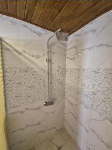 a shower stall in a bathroom with white marble at Sofia Bubble Luxury Camp in Disah