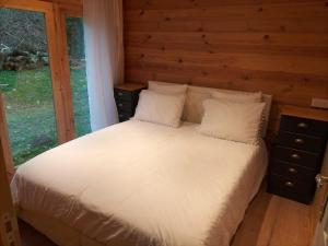 a bed in a log cabin with a window at CHALET de la CHEVANNE in Laissey