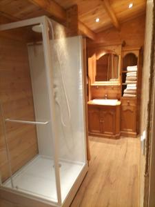 a large bathroom with a shower and a sink at CHALET de la CHEVANNE in Laissey