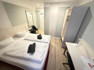 a small room with two beds and a mirror at Hotel Brinckmansdorf in Rostock