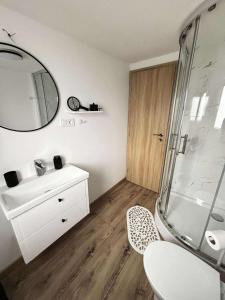 a bathroom with a shower and a sink and a mirror at Moon apartments in Pakoštane
