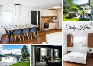 a collage of pictures of a kitchen and a dining room at Chata Kotva White House in Trstená