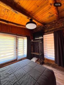 a bedroom with a bed and two windows at cabañas de montaña Triskel in Aluminé