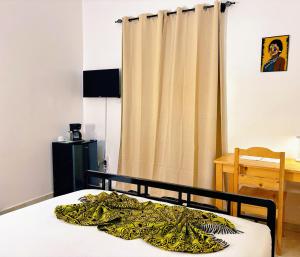 a bedroom with a bed with a curtain and a table at Hôtel La Maison Blanche in Saint-Louis