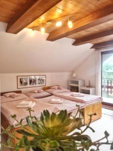 a bedroom with two beds and a large window at Penzion Bor in Náchod +62 photos