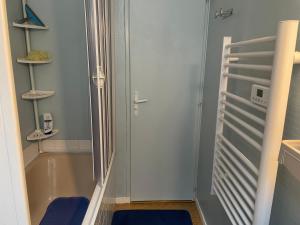 a shower with a blue seat in a bathroom at La Cascade appartement F2 in Eaux-Bonnes +12 photos
