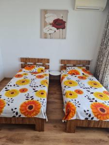 two beds sitting next to each other in a room at Large Two Floor Apartment in Byala