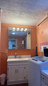 a bathroom with a sink and a large mirror at Private 1BR Near Boston -- Kitchen & Laundry in Malden