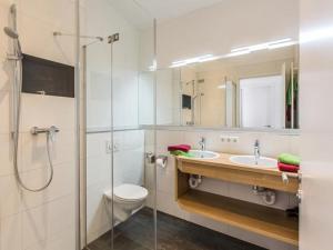 a bathroom with a toilet and a sink and a shower at Ferienhof Raither in Immenstaad am Bodensee +56 photos