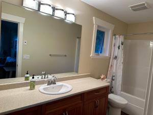 a bathroom with a sink and a toilet and a mirror at Large ocean view family retreat in Comox