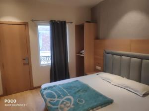 a bedroom with a bed with a window and a bedspread at Hotel Dreamland in Malsiān Shāhkot