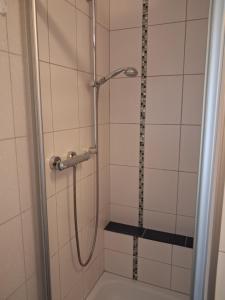 a shower with a glass door in a bathroom at Appartment am Fingerhut in Cloppenburg +7 photos