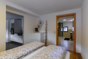 a bedroom with a bed and a kitchen and a room at Traunreiter Apartment in Bad Goisern