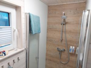 a shower in a bathroom with a wooden wall at Hausboot Hecht mit Dachterrasse in Schleswig in Schleswig
