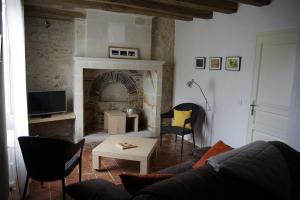 a living room with a couch and a fireplace at L'Abeille bleue in Cheillé