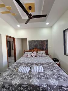 a bedroom with a bed with a ceiling fan at Lotus Villa Hampi in Hospet