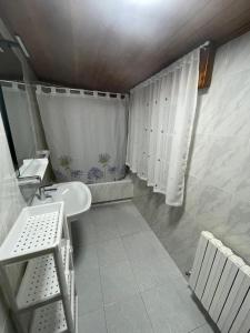 a bathroom with a sink and a shower curtain at Hotel Victorino in Silleda +16 photos