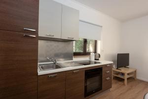 a kitchen with wooden cabinets and a sink at Apartments Dorijan with Pool in Matulji