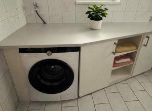 a washing machine under a counter in a kitchen at Loipersdorf Living - Golf & Therme in Loipersdorf bei Fürstenfeld