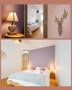 two pictures of a bedroom with a bed and a deer head on the wall at Gîte La perle d’Alsace in Bernardswiller