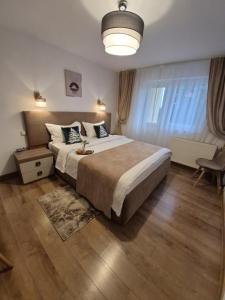 a bedroom with a large bed and a large window at Pension Casablanca in Câmpina