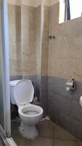 a bathroom with a toilet and a shower at Emerald Tulivu Place in Ruaka