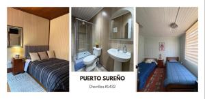 two pictures of a bedroom with a bed and a sink at Puerto sureño in Puerto Montt