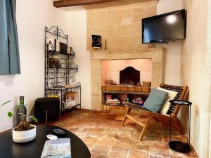 a living room with a fireplace and a tv on a wall at La Maisonnette de Carreaux in Azay-le-Rideau