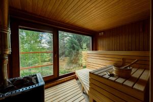 a room with a sauna with a large window at PinusVillas Private Jacuzzi & Phyto-Sauna in Zheleznitsa