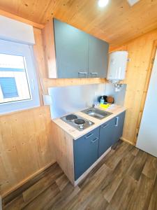 a kitchen with a stove and a sink in a room at Tiny Guesthouse Euerbach in Euerbach